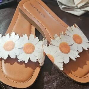 Lucky Brand Tan Slide Sandals with White Daisy Trim